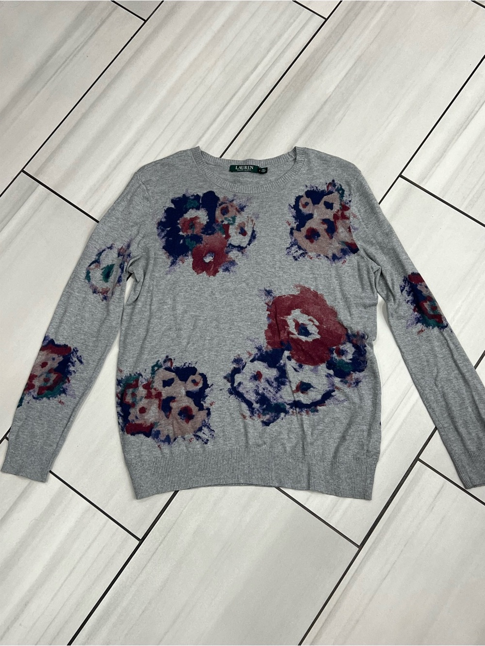 Lauren Ralph Lauren Floral Print Sweater, Gray, Size M - Cozy & Stylish